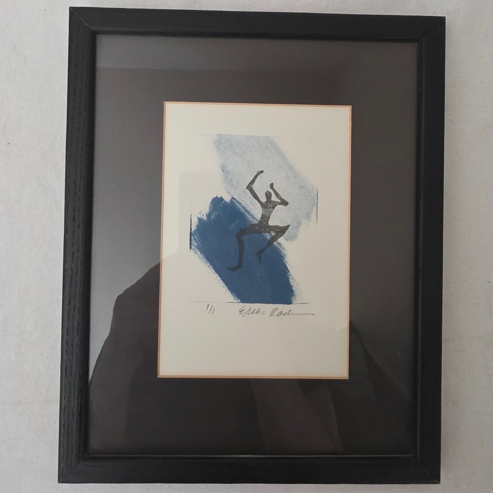 Original One of A King Signed Framed Abstract Figurative Blue Block‎ Printing